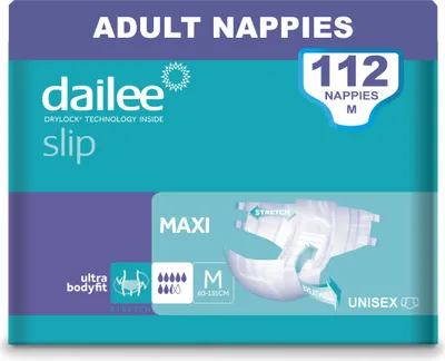 Zdjęcie produktu dla Dailee Slip Maxi M - 112x pieluchomajtki dla dorosłych - nietrzymanie moczu dla kobiet i mężczyzn - 7,5 kropli, rozmiar M (obwód bioder 80-135 cm)