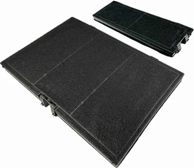 A close-up shot of two black activated carbon filters on a white background.