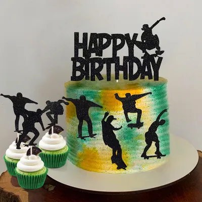 Produktbild von Tortendeko Skateboard Set mit 12 Cupcake Toppers und 'Happy Birthday' Dekoration