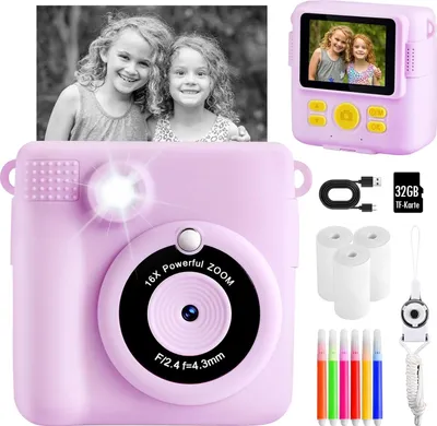 Produktbild von Sofortbildkamera,1080P 2.4 Zoll Bildschirm Digitalkamera mit 16x Digitalzoom, 32GB TF Karte,Druckpapier, Kamera Geschenk für Kinder 3-12