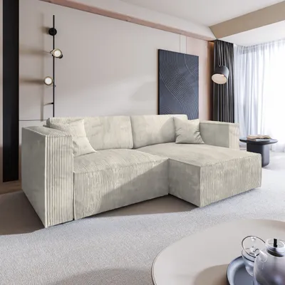 Produktbild von Masseno Ecksofa NERIO P mit Schlaffunktion L-Form, Sofa mit Bettkasten, Wohnzimmersofa, Couch, Soffa, Bettsofa, Couchgarnitur- Creme, POSO 100