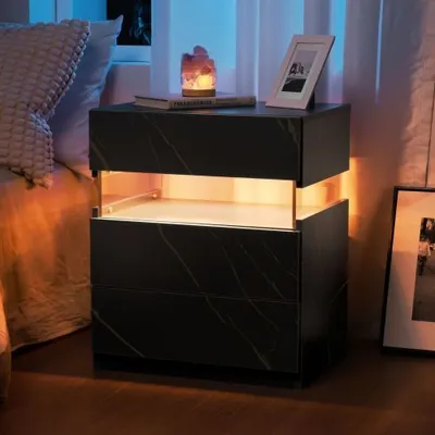 Produktbild von LED-Nachttische, Kommode mit 3 Schubladen für Schlafzimmer, Beistelltisch mit Acrylplatte, LED-Nachttische für Schlafzimmer, Wohnzimmer, Nachttischmöbel