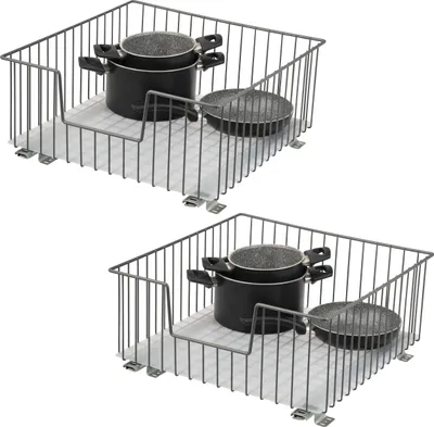 Obrázok produktu pre bremermann Výsuvný košík do skrine 2 ks 50 cm s vložkou, kuchynská zásuvka na dodatočnú montáž, výsuvný košík do skrine z kovu, sivý