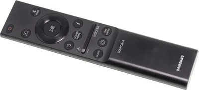 A black Samsung soundbar remote control is shown against a white background.
