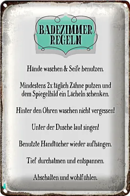 Produktbild von Blechschild Spruch 20x30cm Badezimmer Regeln Hände waschen
