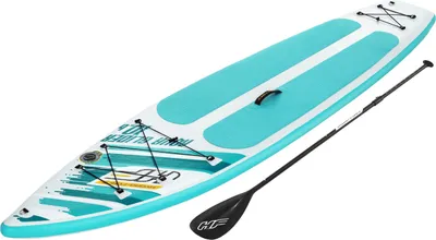 A stand-up paddleboard and paddle on a white background.