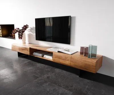 Produktbild von DELIFE Lowboard New Live-Edge 240 cm Akazie Natur 4 Türen 1 Fach Fuß schwebend Metall Schwarz