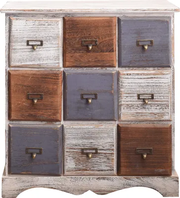 A wooden chest of drawers with nine drawers of varying colors and finishes.
