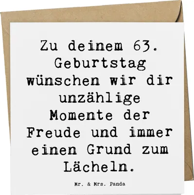 Produktbild von Mr. & Mrs. Panda Klappkarte Spruch 63. Geburtstag Freude - Weiß - Geschenk, anlasskarte, persönliche Aufmerksamkeiten, Glückwunschkarte, Glück, doppelkarte, Alter