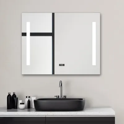 Produktbild von LED Badspiegel 80×60 cm, Alurahmen, Licht neutralweiß, Digitaluhr, IP24