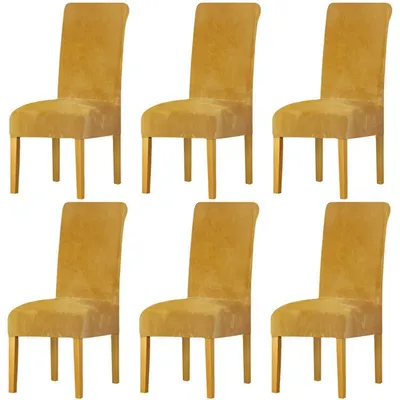 Image de Housses de chaise, lot de 6, en velours, couleur moutarde, universelles, lavables, stretch, pour chaises de salle à manger