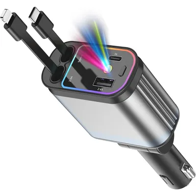 Produktbild von Einziehbares 120W USB-C Autoladegerät mit RGB-Licht, kompatibel iPhone & Android