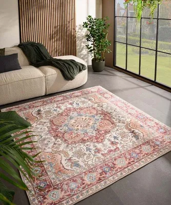 Image de Tapis d'extérieur Unyqoos® Valenca Fino – Motif vintage, forme carrée, 200 x 200 cm, couleur crème/rouge, structure 3D, lavable, pour intérieur et extérieur