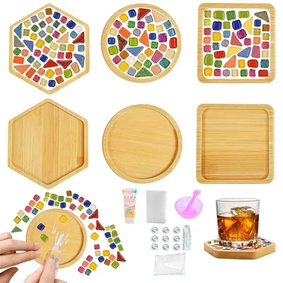 Image de Kit de mosaïque pour enfants, ensemble de 3 sous-verres à réaliser soi-même, mosaïques en bois, cadeau créatif