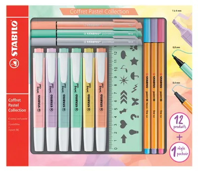 Produktbild von STABILO Pastel Collection Kreativ-Set 13-teilig - 6 Swing Cool Pastel Textmarker, 3 Fineliner Point 88, 3 PointMax, 1 Schablonen-Lineal