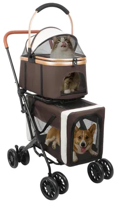 Immagine prodotto di Carrello per cani e gatti – Carrello pieghevole per il trasporto – 2 livelli – 2 tasche – Finestra a rete removibile – Ruote – Freni – Colore: kaki