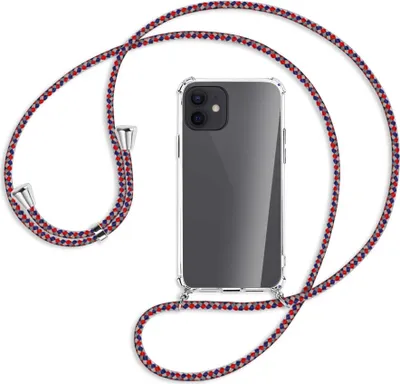 Produktbild von Handykette Backcover-Schutzhülle mit Band (Metall silberfarben) für Apple iPhone 12, 12 Pro - silber/blau/rot