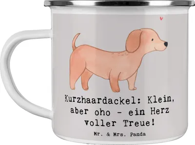Produktbild von Mr. & Mrs. Panda Emaille Tasse Kurzhaardackel Herz - Grau Pastell - Geschenk, Minirasse, unerschütterliche Loyalität, voller Treue, Teetasse, Hunderassen Charakter, Pott