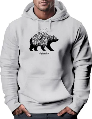 Produktbild von Hoodie Herren Bär Abenteuer Berge Wald Bear Mountains Adventure Kapuzen-Pullover Männer Neverless® grau XXL