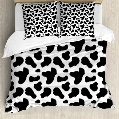 Obrázek produktu pro ABAKUHAUS Sada povlečení s potiskem krav, vzor kravské kůže s tečkami Farm Life s dobytkem Kamufláž Animal Skin, 155 x 220 cm + 80 x 80 cm, uhlově šedá bílá