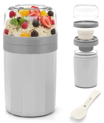 Produktbild von Müslibecher to Go - Auslaufsicher mit Löffel und Soßenbox - Für Joghurt und Müsli - Grau 520ML+250ML