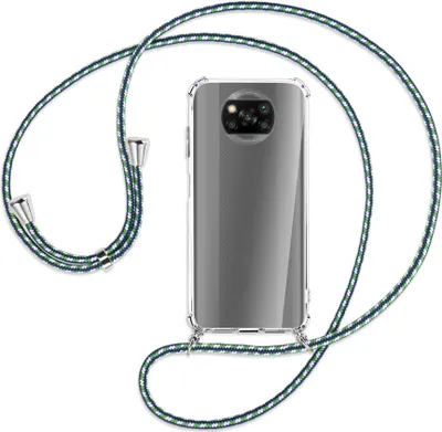 Produktbild von Handykette Backcover-Schutzhülle mit Band (Metall silberfarben) für Xiaomi Poco X3 NFC - grün/blau/weiß