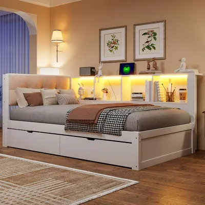 Produktbild von Daybett 90x200 cm aus Kiefernholz & MDF Bettgestell Massivholz Weiß Einzelbett mit Schubladen Stauraum Regal USB-Anschluss und Dimmbarer LED-Beleuchtung Tagesbett Schlafsofa Jugendbett ohne Matratze