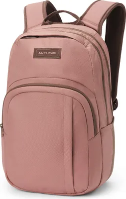 A pink backpack with brown trim and straps is shown against a white background.