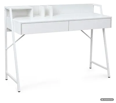Produktbild von Schreibtisch ORIX Weiß 124 cm 2 Schubladen 1 Ablage weiße Beine Industrial-Stil 124x48x91,5 cm