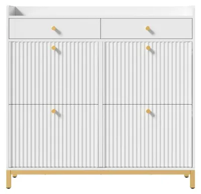Image de Armoire à chaussures - 106,5 x 25 x 107 cm - 4 portes rabattables - 2 tiroirs - Poignées en métal - Pieds en métal - Blanc