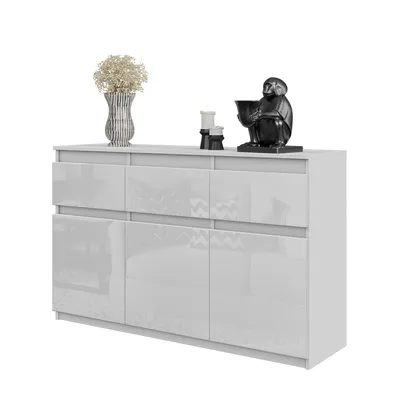 Zdjęcie produktu dla Komoda 120 Cm Biały Mat / Biały Połysk 3 Szuflady, 3 Drzwi, 3 Półki Salon