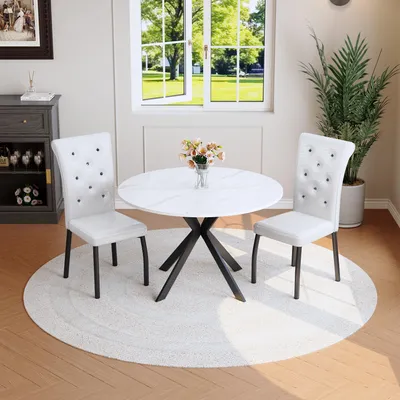 Image de Table ronde en marbre + 2 chaises blanches en similicuir capitonnées, pieds en métal, ensemble pour salle à manger et cuisine