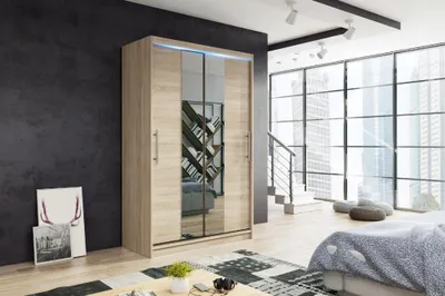 Obrázek produktu pro Dvoukřídlá posuvná skříň NIKO2 120 cm, barva dub Sonoma – zrcadlo na čele, v balení police, tyče, LED osvětlení, kvalitní zpracování
