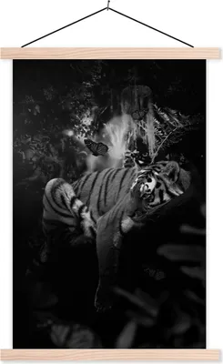 Produktbild von MuchoWow® Textilposter Tiger und Schmetterlinge im Dschungel - schwarz und weiß 120x180 cm mit holzfarbenen Rahmen - Textil-Plakat
