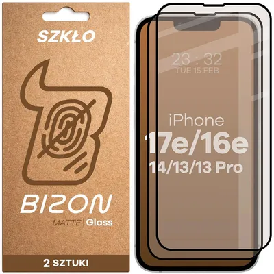 Produktbild von Mattes Hartglas für iPhone 17e / 16e / 14 / 13 Pro / 13, Bizon Glass Matte Duo, Schwarzer Rahmen, 2 Stück