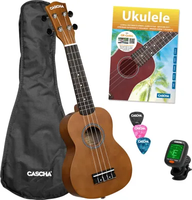 Produktbild von CASCHA Sopran Ukulele Set für Kinder und Erwachsene I Starter Kit mit 3 Plektren Tasche Lehrbuch Lernvideos über QR-Code Stimmgerät I Set Aquila Saiten Nylon I Kleine Hawaii Gitarre Braun