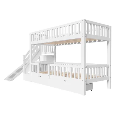 Obrázek produktu pro okwish patrová postel patrová postel 90x200cm se skluzavkou a schody, podkrovní postel s ochranou proti vypadnutí, postel z masivního dřeva dětská postel rám postele s roštem a 2 zásuvkami, bílá