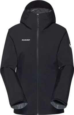 Schwarze Hardshelljacke "Linard Light HS Hooded Jacket" von Mammut für Damen; mit Kapuze und Reißverschluss.