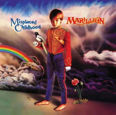 A young boy in a military-style uniform stands holding a bird, with a rainbow and clouds in the background.
