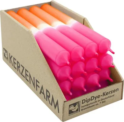 Produktbild von DIP DYE Stabkerzen aus Paraffin, 180/22 mm, Neonorange-Pink, KERZENFARM HAHN, Brenndauer ca. 7h, 16 Stück pro Verpackung