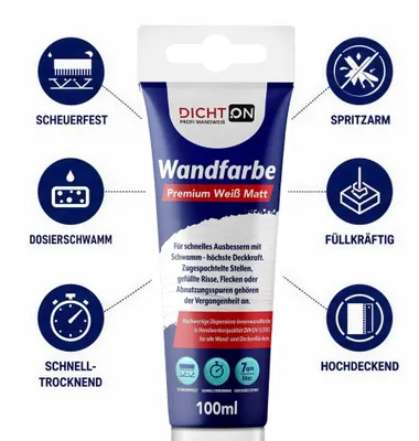 Produktbild von Wandfarbe Ausbessern weiß mit Schwamm 1x100ml Tube einfaches Auftragen, höchste Deckkraft, hohe Reichweite Innenfarbe - DICHTON D.63W