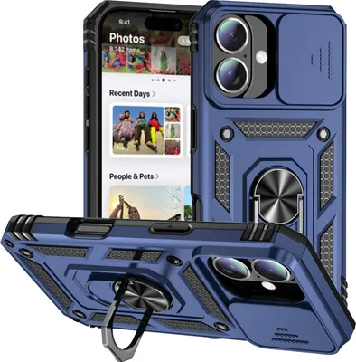 Image de Étui pour iPhone 16 étui double couche avec couvercle coulissant pour appareil photo et anneau de support bleu