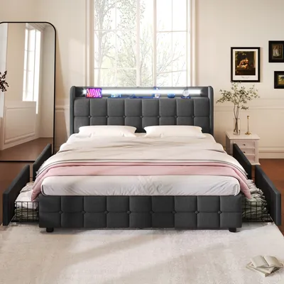Produktbild von okwish Polsterbett mit Lade-USB-Ladefunktion, Kopfteil und LED-Beleuchtung und 4 Schubladen, Doppelbett 180x200 cm, Stauraum, Bettgestell, Holzlattenrost, Grau (Matratze nicht im Lieferumfang enthalten)