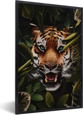 Produktbild von MuchoWow® MuchoWow® Gerahmtes Poster Tiger - Pflanzen - Grün 40x60 cm - Poster mit zchwarzem Bilderrahmen - Papierdruck - Wandbilder