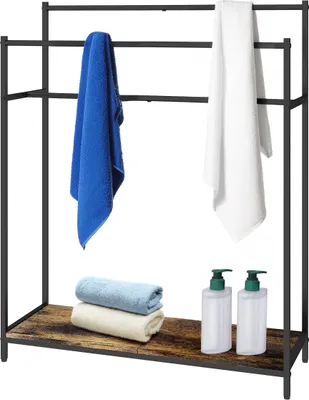 Immagine prodotto di Portasciugamani Relaxdays con ripiano, L x P x A: 100x82x29 cm, stile industriale, 3 aste, portasciugamani da terra, marrone/nero