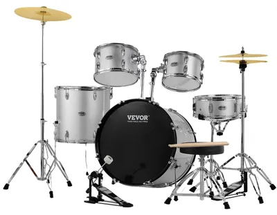 Image de Batterie VEVOR, 5 pièces, batterie pleine grandeur avec toms basses, caisse claire, tambour sur pied, supports de trône réglables, cymbales, pédale de charleston et baguettes, batterie débutant, argent