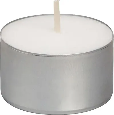 A close-up studio shot of a single white tea light candle in a silver aluminum cup.