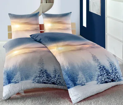 Produktbild von Thermofleece Mikrofaser Bettwäsche Set 135x200 cm und 80x80 cm Blau Orange Winterlandschaft und Tannenbäume mit verdecktem Reißverschluss