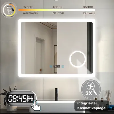 Produktbild von LED Badspiegel mit Schminkspiegel 100×60cm 3 Lichtfarbe Wandspiegel mit Uhr,Touch/Wandschalter, Beschlagfrei,3-Fach Vergrößerung Kalt/Neutral/Warmweiß