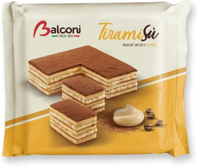 A package of Balconi Tiramisù cakes with three cakes shown in the foreground.